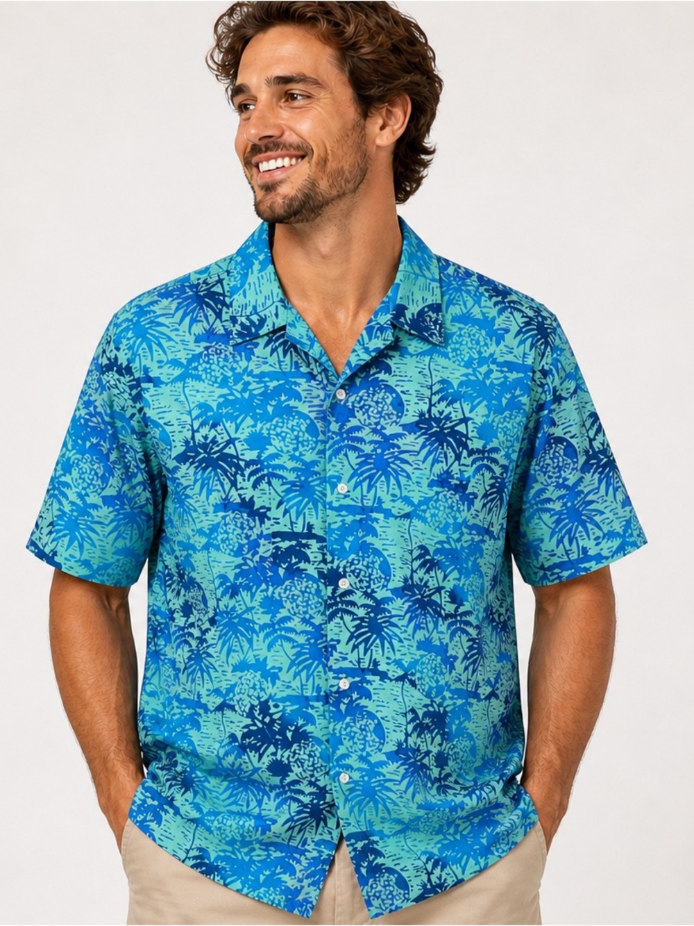 Rum Reggae Hawaiian Batik Camp Shirt "Tuitti Fruity" Aqua Men's Size Large NWT